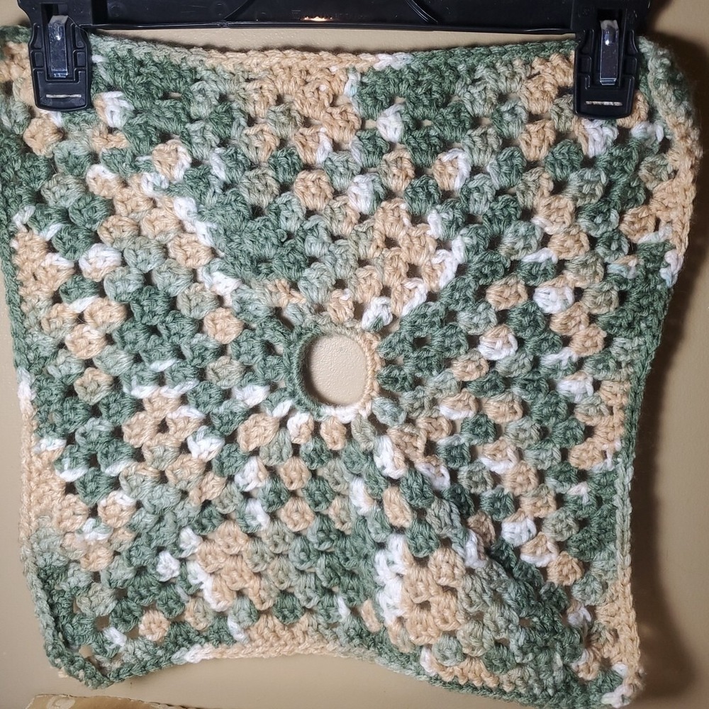 Handmade 13in Crochet Granny Square Decor‎ Green Tan Boho Cottagecore